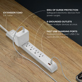 6 Outlet Power Strip with USB Type-C / A Charging Ports, 5V 3.1A, 600 Joules Surge Protection, On/Off Switch