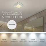 100 CFM Bathroom Exhaust Fan, 0.5 Sones Quiet Operation, Built-in LED Light 5 CCT 2700K-5000K, Ceiling Mounted