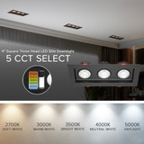 4 in. 3 Head LED Slim Square Recessed Anti-Glare Gimbal Downlight, Black, Canless IC Rated, 3000 Lumens, 5 CCT 2700K-5000K