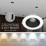 6 in. Slim Round Recessed Anti-Glare LED Downlight, White Trim Black Baffle, Canless IC Rated, 1200 Lumens, 5 CCT 2700K-5000K