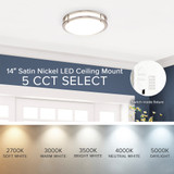 14 in. Satin Nickel LED Ceiling Mount Fixture, 5 CCT 2700K-5000K, 2100 Lumens, Dimmable