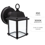 LED Porch Lantern Outdoor Wall Light, Black w/ Clear Glass, Dusk to Dawn Sensor, 650 Lumens, 3000K Warm White - 8 in. Height