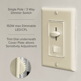 3-Way / Single Pole Dimmer Light Switch 600 Watt, LED Compatible, Wall Plate Included, Ivory