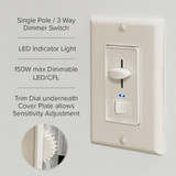 3-Way / Single Pole Dimmer Light Switch 600W, Indicator Light, LED Compatible, Wall Plate Included, Almond