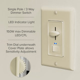 3-Way / Single Pole Dimmer Light Switch 600W, Indicator Light, LED Compatible, Wall Plate Included, Ivory