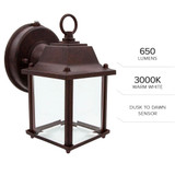 LED Porch Lantern Outdoor Wall Light, Aged Bronze w/ Clear Glass, Dusk to Dawn Sensor, 650 Lumens, 3000K Warm White - 8 in. Height