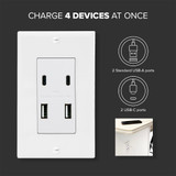 4 Port 4.8A USB Type-C / A Wall Outlet, Vertical Charging Ports, Wall Plate Included