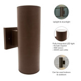 LED Cylinder Outdoor Wall Wash, Up and Down Sconce Light, 24 Watt, 1680 Lumens, 3000K Warm White, Brown - 12 in. Height