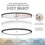 32 in. Oval LED Ceiling Mount Fixture, Dual Ring Black, Dimmable, 3 CCT 3000K-5000K, 5500 Lumens