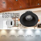 4 in. Slim Round Recessed Anti-Glare LED Downlight, Black Trim, Canless IC Rated, 1050 Lumens, 5 CCT 2700K-5000K