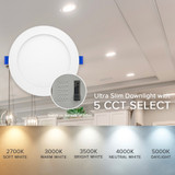 6 in. Slim Round Recessed LED Downlight, Canless IC Rated, 1050 Lumens, 5 CCT Color Selectable 2700K-5000K