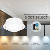 4 in. 5 CCT Slim Recessed LED Gimbal Downlight, Canless IC Rated, 700 Lumens, Color Selectable 2700K-5000K