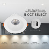 4 in. Slim Round Recessed Anti-Glare LED Downlight, White Trim, Canless IC Rated, 1200 Lumens, 5 CCT 2700K-5000K