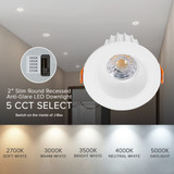 2 in. Slim Round Recessed Anti-Glare LED Downlight, White Trim, Canless IC Rated, 600 Lumens, 5 CCT 2700K-5000K