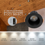2 in. Slim Round Recessed Anti-Glare LED Downlight, Black Trim, Canless IC Rated, 550 Lumens, 5 CCT 2700K-5000K