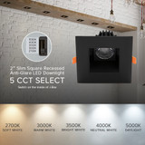 2 in. Slim Square Recessed Anti-Glare LED Downlight, Black Trim, Canless IC Rated, 450 Lumens, 5 CCT 2700K-5000K