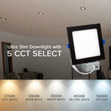 6 in. Slim Square Recessed LED Downlight, Black Trim, Canless IC Rated, 1000 Lumens, 5 CCT Color Selectable 2700K-5000K