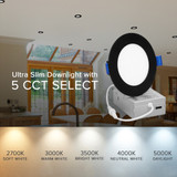 4 in. Slim Round Recessed LED Downlight, Black Trim, Canless IC Rated, 700 Lumens, 5 CCT Color Selectable 2700K-5000K