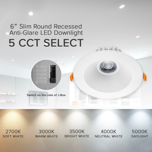 6 in. Slim Round Recessed Anti-Glare LED Downlight, White Trim, Canless IC Rated, 1300 Lumens, 5 CCT 2700K-5000K