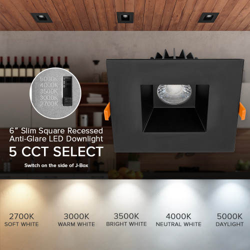 6 in. Square Canless Recessed LED Downlight Black Trim 5 CCT