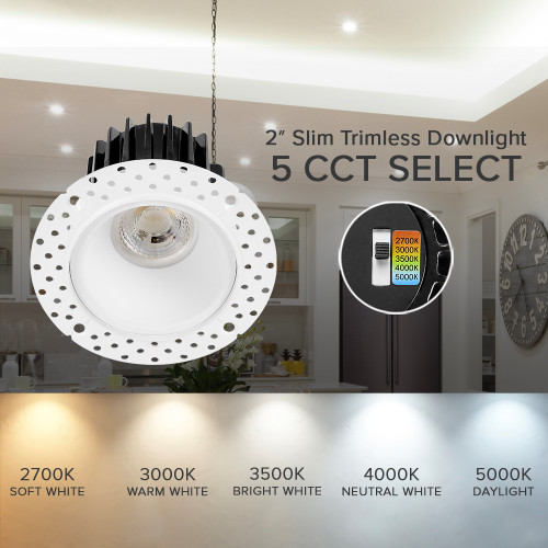 2 in. Trimless Slim Round Recessed Anti-Glare LED Downlight, White, Canless IC Rated, 600 Lumens, 5 CCT 2700K-5000K