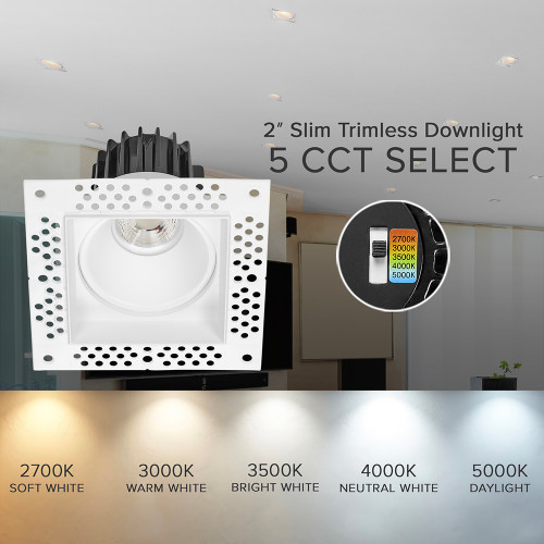 2 in. Trimless Slim Square Recessed Anti-Glare LED Downlight, White, Canless IC Rated, 600 Lumens, 5 CCT 2700K-5000K