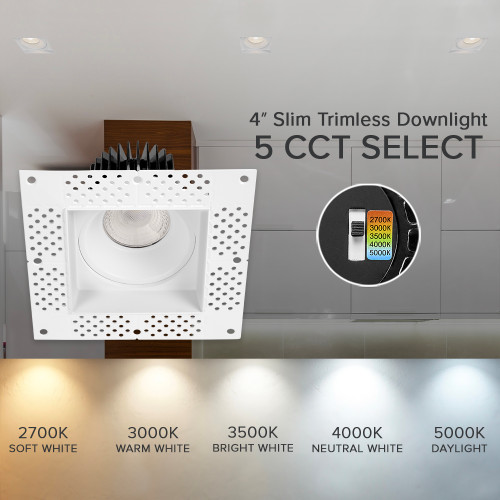 4 in. Trimless Slim Square Recessed Anti-Glare LED Downlight, White, Canless IC Rated, 1000 Lumens, 5 CCT 2700K-5000K