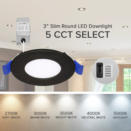 3 in. Slim Recessed LED Downlight, Canless IC Rated, 400 Lumens, 5 CCT Color Selectable 2700K-5000K, Black Trim