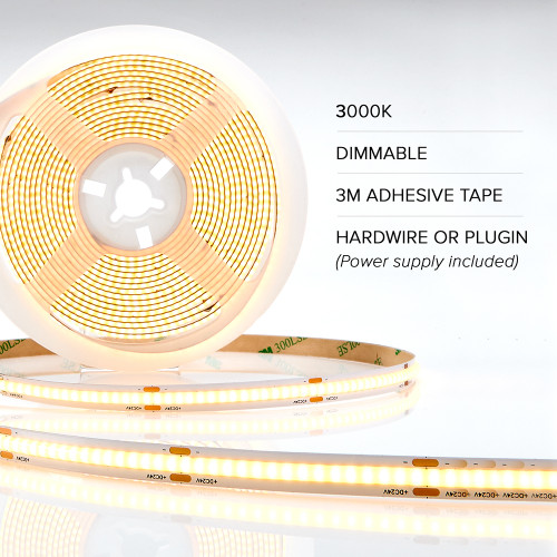 16.5 ft. COB LED Strip Light Spool, Plug-In Or Hardwired w/ Power Supply, 3000K Warm White, Dimmable