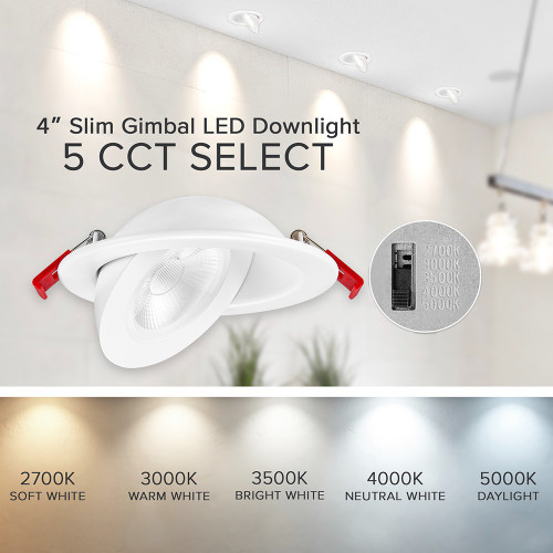4 in. Adjustable Slim Recessed LED Floating Gimbal Downlight, 900 Lumens, 5 CCT Color Selectable 2700K-5000K