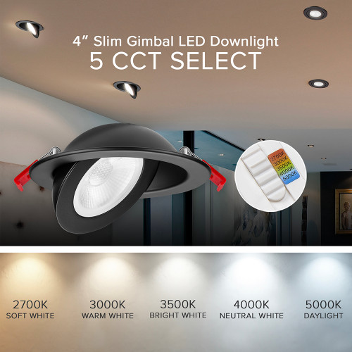 4 in. Adjustable Slim Recessed LED Floating Gimbal Downlight, 850 Lumens, 5 CCT Color Selectable 2700K-5000K, Black Trim