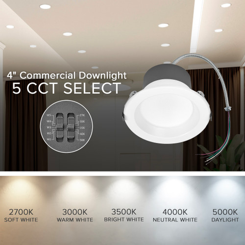 4 in. Recessed Commercial LED Downlight, Selectable Color Temperature / Wattage, up to 1450 Lumens