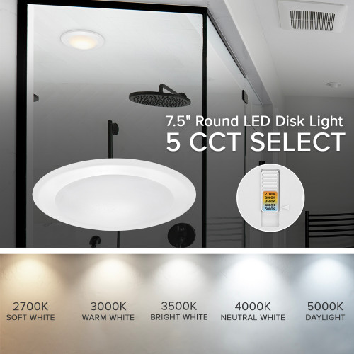 7.5 in. LED Round Disk Light Ceiling Fixture, 5 CCT 2700K-5000K, 1200 Lumens, Dimmable, Retrofit or J-box Install