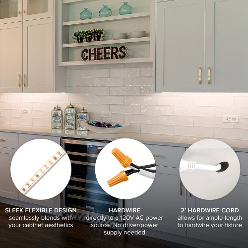 24 in. LED Under Cabinet Strip Light, Hardwired, 920 Lumens, 3000K Warm White, White, 120V Cove Light