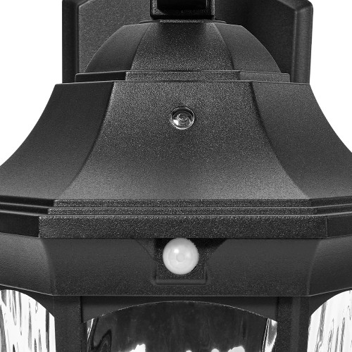 LED Motion Sensor Outdoor Wall Light, Dusk to Dawn Sensor, Black w/ Clear Water Glass, 800 Lumens, 3000K Warm White - 15 in. Height