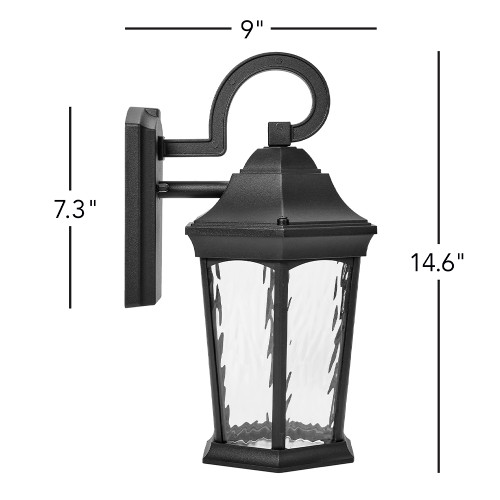 LED Motion Sensor Outdoor Wall Light, Dusk to Dawn Sensor, Black w/ Clear Water Glass, 800 Lumens, 3000K Warm White - 15 in. Height