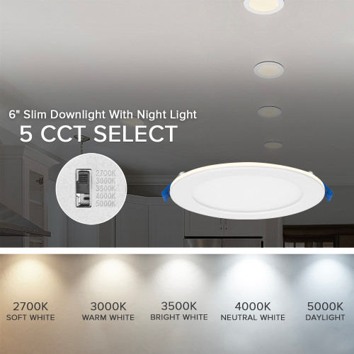 6 in. Slim Recessed LED Downlight with Night Light, 900 Lumens, 5 CCT Color Selectable 2700K-5000K