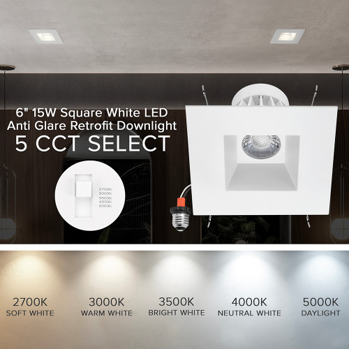 5 in. & 6 in. Retrofit Square Recessed Anti-Glare LED Downlight, White Trim, 1300 Lumens, 5 CCT 2700K-5000K
