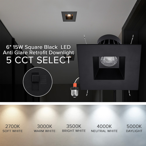 5 in. & 6 in. Retrofit Square Recessed Anti-Glare LED Downlight, Black Trim, 1200 Lumens, 5 CCT 2700K-5000K