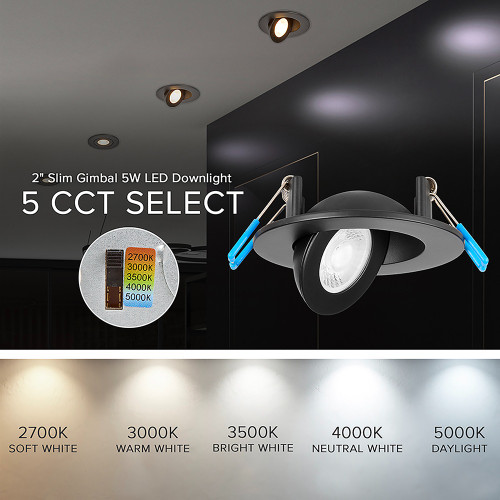 2 in. Adjustable Slim Recessed LED Floating Gimbal Downlight, 360 Lumens, 5 CCT Color Selectable 2700K-5000K, Black Trim