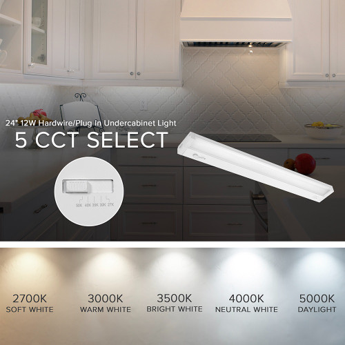 24 in. LED Under Cabinet Light, Dimmable, Linkable, Hardwired or Plug & Play, 1025 Lumens, 5 CCT 2700K - 5000K, White, On/Off Switch