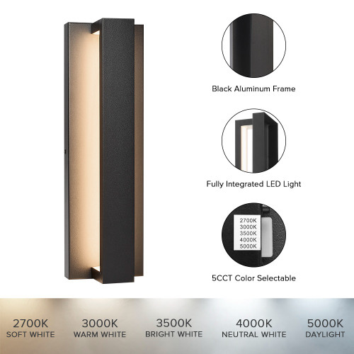 LED Outdoor Wall Light, Linear Black Sconce w/ Vertical Bar, Modern Porch Light, 300 Lumens, 5 CCT 2700K-5000K - 16 in. Height