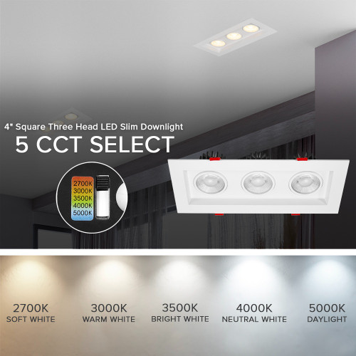 4 in. 3 Head LED Slim Square Recessed Anti-Glare Gimbal Downlight, White, Canless IC Rated, 3000 Lumens, 5 CCT 2700K-5000K