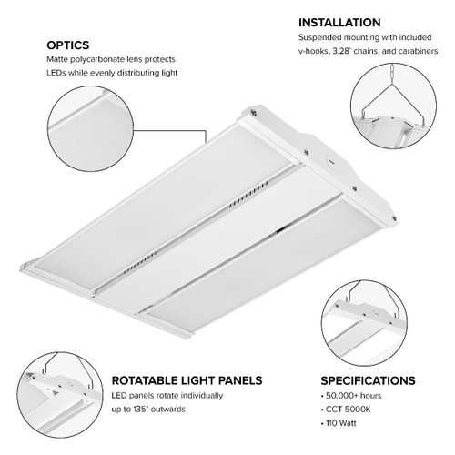 2 ft. x 1 Ft. LED Linear High Bay Shop Light Fixture, Rotating Adjustable Light Panels 135°, 13,500 Lumens, 5000K Daylight