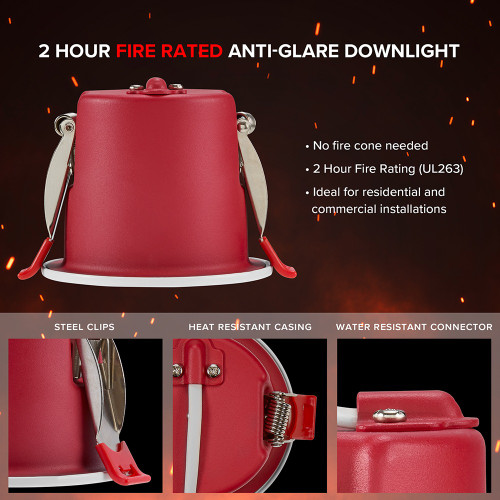 2 in. 2 Hour Fire Rated Slim Recessed Anti-Glare LED Downlight, Canless IC Rated, 600 Lumens, 5 CCT Color Selectable 2700K-5000K