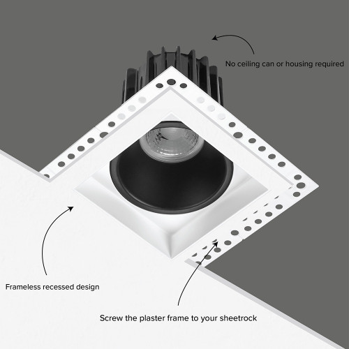 2 in. Trimless Slim Square Recessed Anti-Glare LED Downlight, White Recess Black Baffle, 600 Lumens, 5 CCT 2700K-5000K