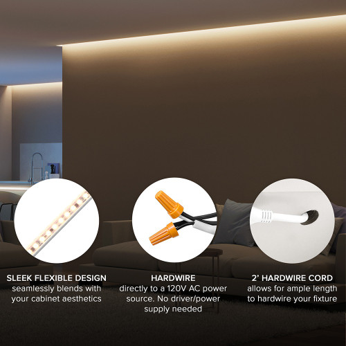 96 in. LED Under Cabinet Strip Light, Hardwired, 3680 Lumens, 3000K Warm White, 120V White Cove Light