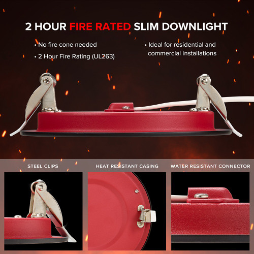 6 in. 2 Hour Fire Rated Slim Recessed LED Downlight, Black Trim, Canless IC Rated, 1000 Lumens, 5 CCT Color Selectable 2700K-5000K