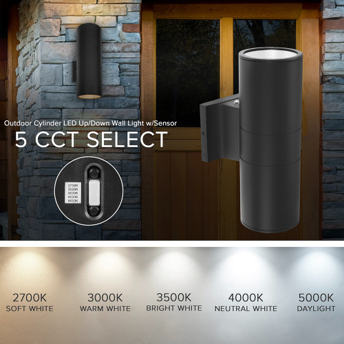 LED Cylinder Outdoor Wall Wash, Up and Down Sconce Light, 24 Watt, 2300 Lumens, 5 CCT 2700K-5000K, Dusk to Dawn Sensor - 12 in. Height