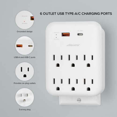 6 Outlet Adapter with Type-C / A USB Charging Ports, 5V 3.1A, Grounded Plug Adapter, 1200 Joules Surge Protection